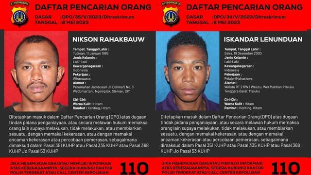 Dua DPO aksi kekerasan dan percobaan perampasan kendaraan bermotor di Sleman, DIY. Foto: Dok. Dok Polda DIY