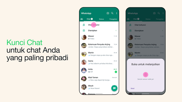 WhatsApp mengumumkan fitur Kunci Chat, yang mengunci chat rahasia dan sembunyikan notifikasinya. Foto: WhatsApp
