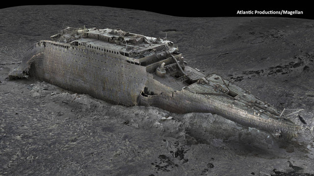 Pemandangan haluan Titanic, di Samudra Atlantik dibuat menggunakan pemetaan laut dalam, dirilis oleh Magellan pada Kamis, 18 Mei 2023. Foto: Atlantic/Magellan via AP