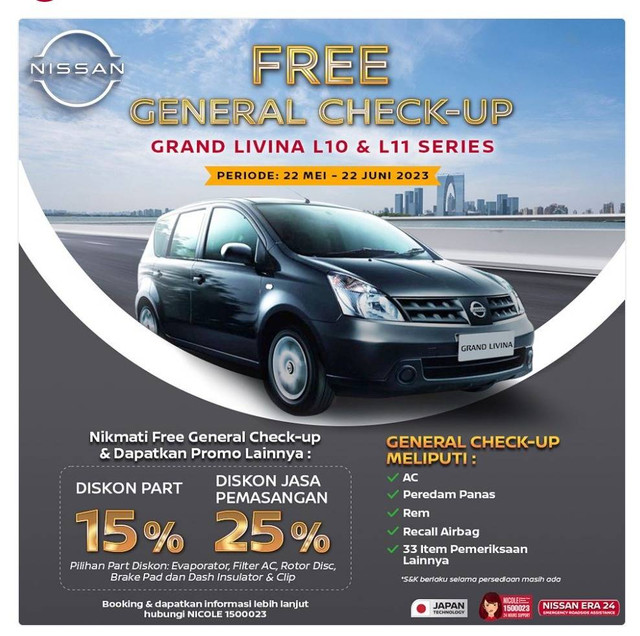 General check up Nissan Grand Livina lawas gratis di bengkel resmi. Foto: dok. Nissan