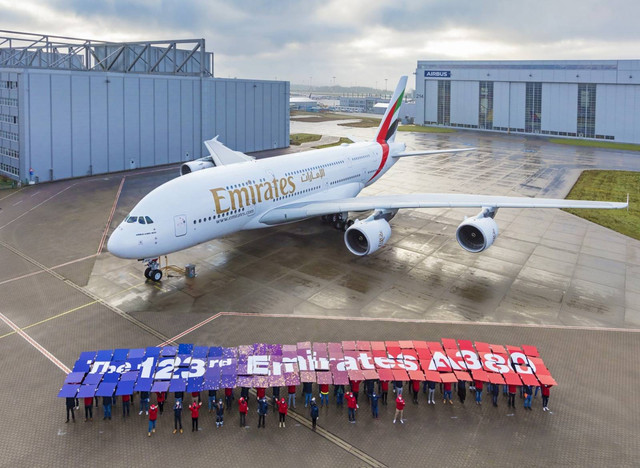 Pesawat A380-800 ke-123 yang jadi pesanan Emirates Airlines. Foto: Emirates