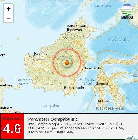 Titik gempa di Mahakam Ulu, Kalimantan Timur, Selasa (20/6/2023).  Foto: Twitter/@DaryonoBMKG