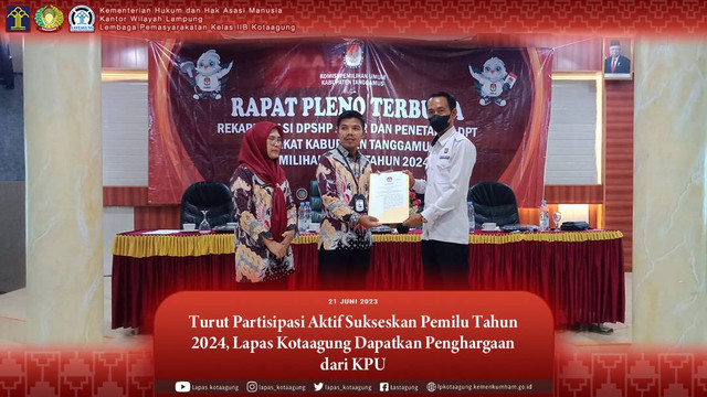 Lapas Kotaagung Terima Piagam dari KPU karena Turut Partisipasi Aktif Sukseskan Pemilu Tahun 2024 (Humas Lastagung)