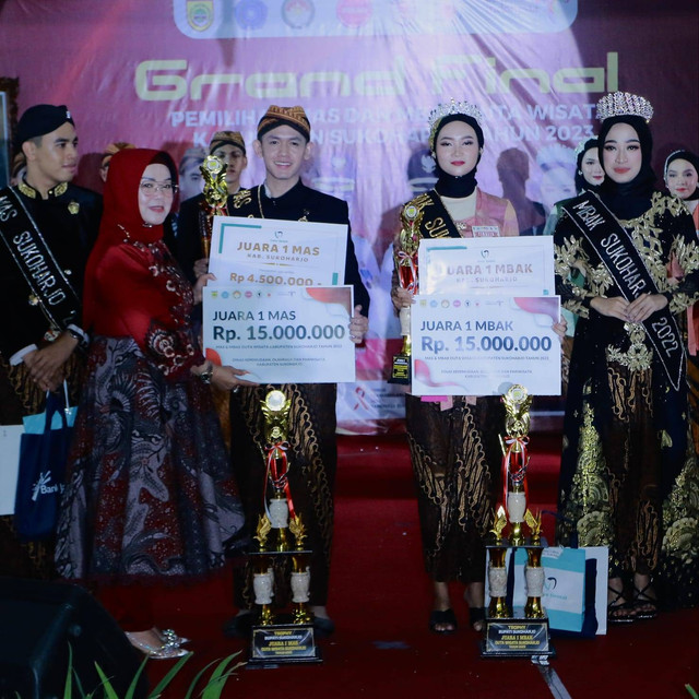 Eksa Fauzi dan Aisyah Chustiya terpilih menjadi Mas dan Mbak Duta Wisata Kabupaten Sukoharjo 2023, pada malam Grand Final di Pendapa Graha Satya Praja (GSP), Minggu (18/6/2023). (Sumber foto: Eksa Fauzi)