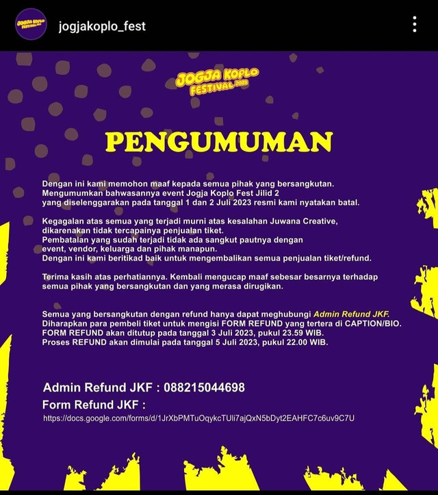 Pengumuman pembatalan Jogja Koplo Fest #2 di akun Instagram @jogjakoplo_fest. Foto: @jogjakoplo_fest