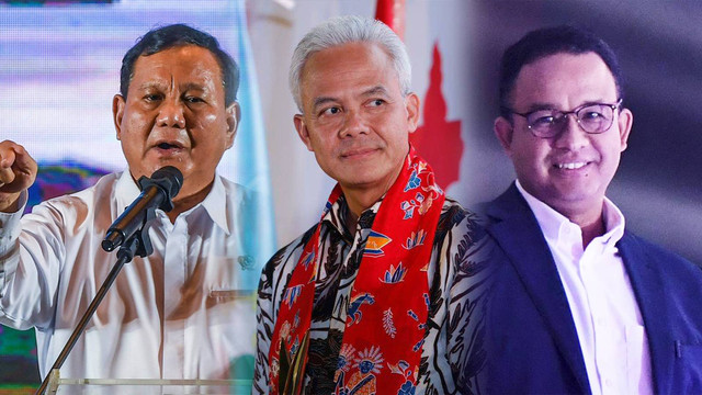 Prabowo Subianto, Ganjar Pranowo, dan Anies Baswedan. Foto: Antara dan kumparan