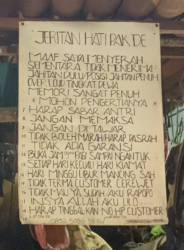 List aturan jika ingin permak tas atau koper di Pak Ari. Foto: Ferla/Hi!Pontianak