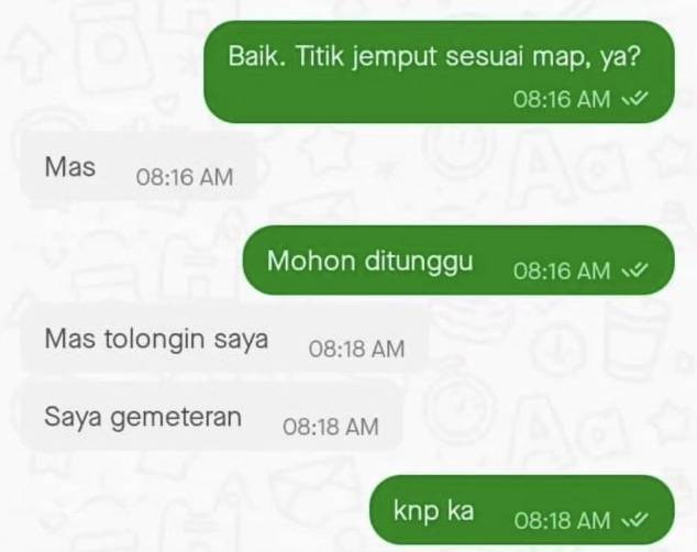 Tangkapan layar chat ojol dengan korban yang diselamatkannya. Dok: Instagram @gojek24jam.