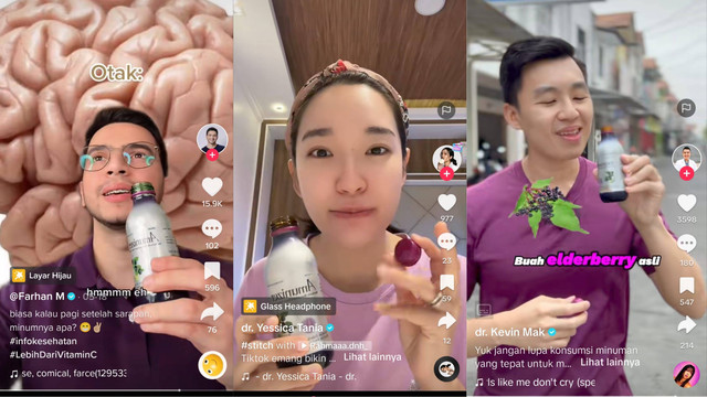 dr. Farhan Zubedi, dr. “Medok” Adrian Setiaji, dr. Kevin Mak, hingga dr. Yessica Tania minum suplemen kesehatan yang tengah dibicarakan banyak dokter dan influencer kesehatan di media sosial mereka. Foto: TikTok/Farham M, dr. Yessica Tania, dr. Kevin Mak
