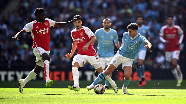 Manchester City vs Arsenal dalam laga Community Shield 2023 di Stadion Wembley, London, Inggris, pada Minggu (6/8) malam WIB. Foto: REUTERS/Dylan Martinez