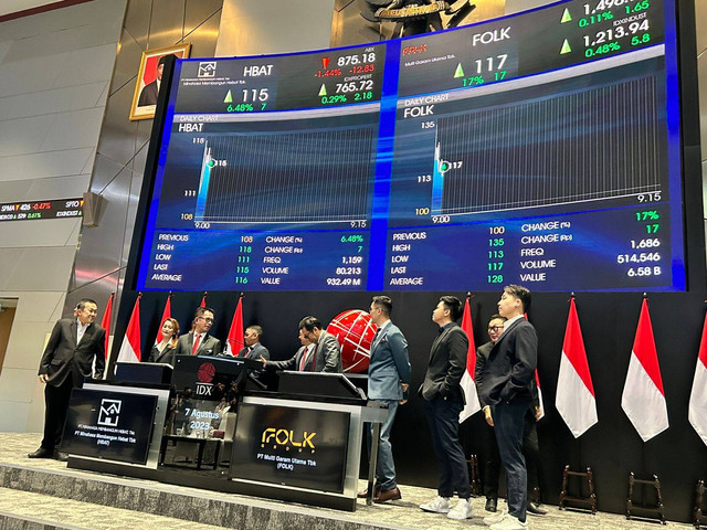 Suasana IPO PT Multi Garam Tbk (FOLK) dan PT Minahasa Membangun Hebat (HBAT) di Bursa Efek Indonesia, Senin (7/8/2023). Foto: Nabil Jahja/kumparan