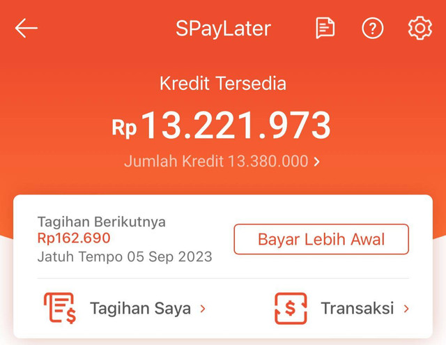 Gambar fitur Paylater Shopee yang terdiri dari jumlah kredit, jumlah tagihan serta keterangan waktu jatuh temponya. Gambar hasil screenshot pribadi.