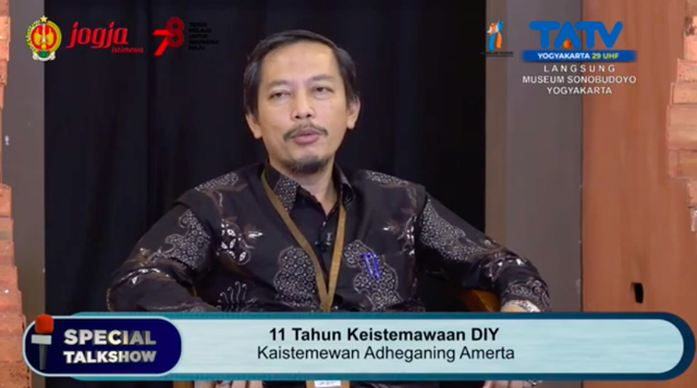 Paniradya Pati DIY, Aris Eko Nugroho, dalam Special Talkshow 11 Tahun Keistimewaan DIY. Foto: Tangkapan layar Youtube. 