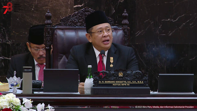 Ketua MPR Bambang Soesatyo dalam pembukaan acara Sidang Tahunan MPR 2023 di Gedung Nusantara, Kompleks Parlemen, Senayan, Jakarta, Rabu (16/8/2023). Foto: Youtube/Sekretariat Presiden