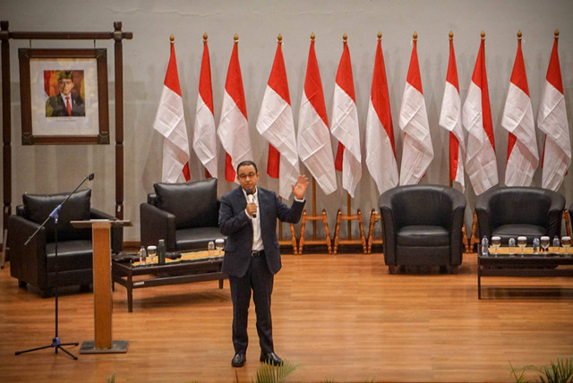 Bacapres Anies Baswedan menghadiri Kuliah Kebangsaan di FISIP Universitas Indonesia, Selasa (29/8/2023). Foto: Jamal Ramadhan/kumparan