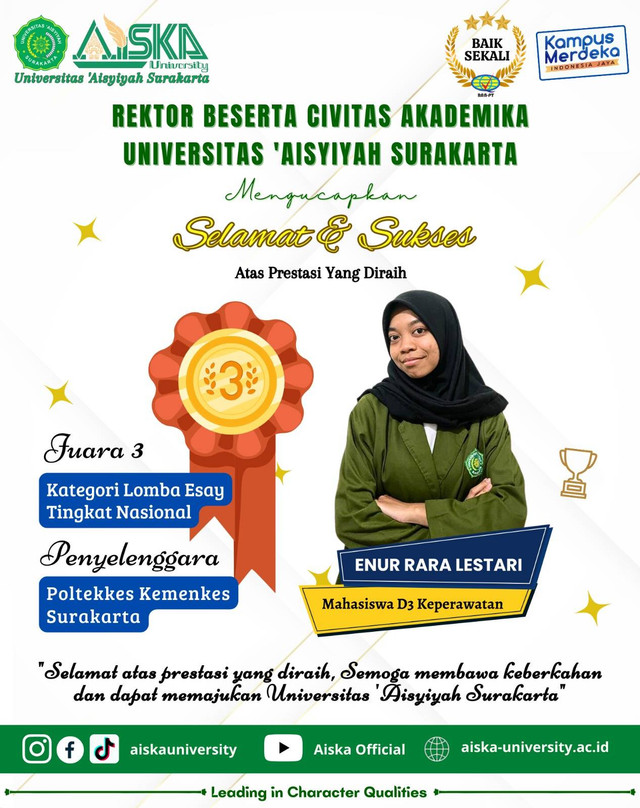 Enur Rara Lestari, mahasiswa AISKA juara 3 Lomba Essay Tingkat Nasional. (dok)