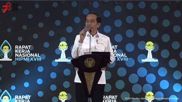 Presiden Joko Widodo memberikan sambutan pada Pembukaan Rakernas XVIII HIPMI Tahun 2023. Foto: Youtube/Sekretariat Presiden