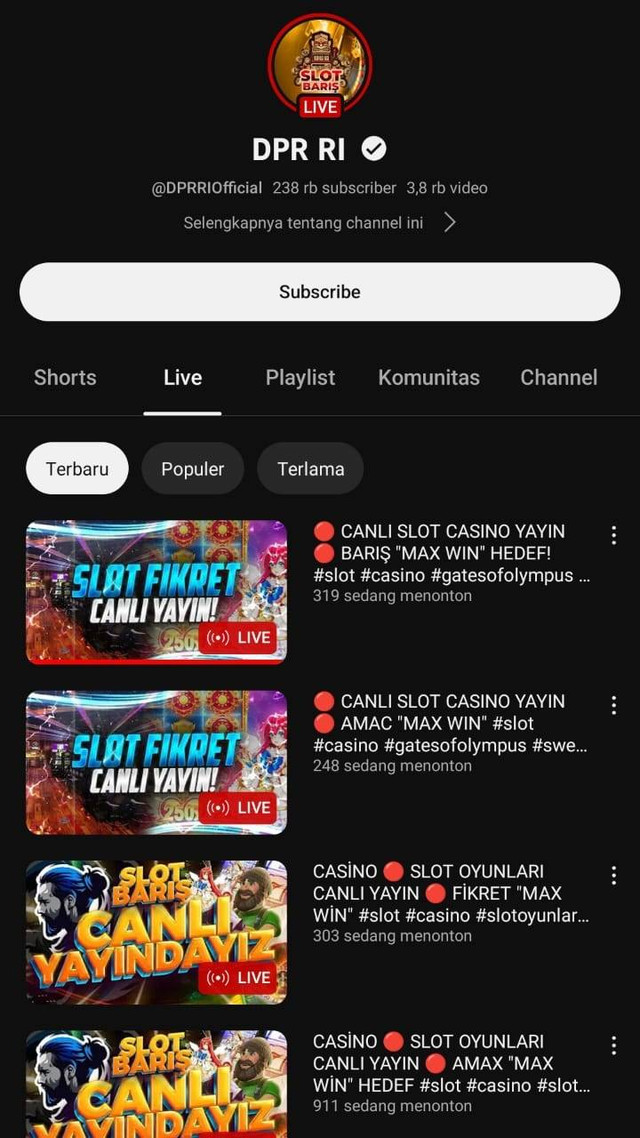 Akun YouTube DPR RI diduga diretas, Selasa (6/9/2023). Foto: YouTube/DPR RI 