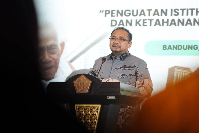 Menag Yaqut Cholil Qoumas di Rakernas Evaluasi Penyelenggaraan Ibadah Haji 1444 H/2023 M. Foto: Dok. Kemenag