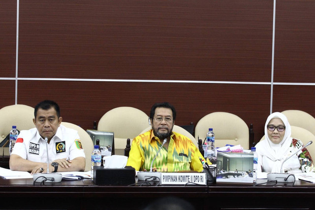 Ketua Komite II DPD RI Yorrys Raweyai memimpin rapat di Gedung GBHN Komplek Parlemen, Jakarta, Senin (11/9/2023). Foto: DPD RI