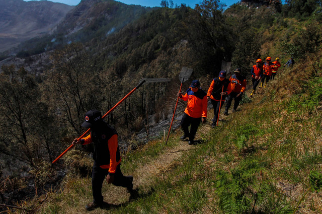 Petugas melakukan penyisiran di area kebakaran hutan dan lahan (Karhutla) kawasan Gunung Bromo, Malang, Jawa Timur, Selasa (12/9/2023). Foto: Muhammad Mada/ANTARA FOTO