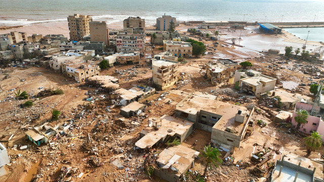 Foto udara usai banjir dahsyat di kota Derna, Libya, Selasa (12/9/2023).  Foto: Jamal Alkomaty/AP PHOTO