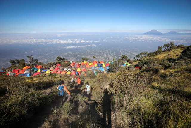 Pendaki melintasi sabana menuju pos 3 di gunung Merbabu via Suwanting, Minggu (10/9/2023). Foto: Aditia Noviansyah/kumparan