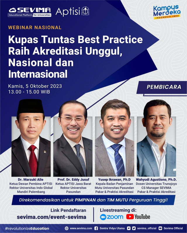 Marzuki Alie dan berbagai pakar dan rektor akan hadir dalam Webinar SEVIMA, perusahaan Education Technology terkemuka di Indonesia yang telah melayani lebih dari 950 perguruan tinggi di seluruh negeri