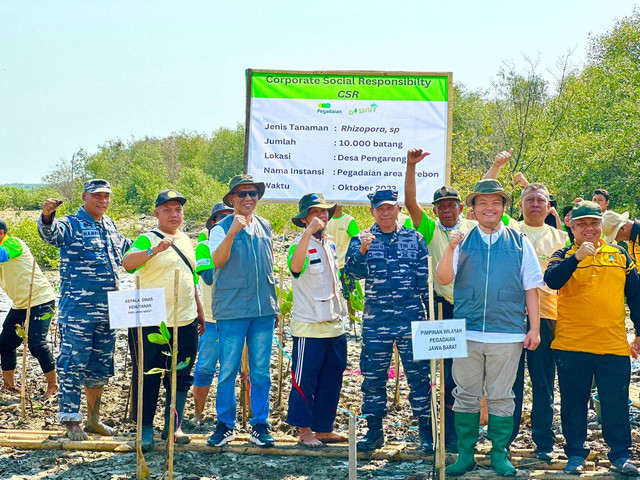 Foto bersam para pihak yang terlibat melakukan penanaman pohon mangrove di area pantai Desa Pangarengan, Kecamatan Pangenan, Kabupaten Cirebon. Foto: Istimewa