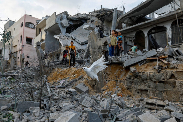 Seekor merpati terbang di atas puing-puing rumah yang hancur akibat serangan Israel, di Khan Younis di selatan Jalur Gaza, Rabu (11/10/2023). Foto: Ibraheem Abu Mustafa/REUTERS