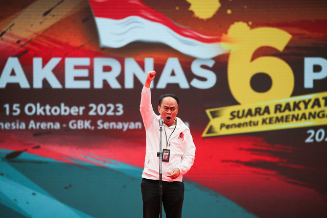 Ketum Projo, Budi Arie di acara Rakernas Projo ke-VI di Indonesia Arena, GBK, Jakarta, Sabtu (14/10/2023).
 Foto: Aditia Noviansyah/kumparan