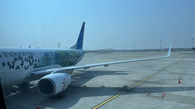 Pesawat milik Garuda dengan bahan bakar Bioavtur J2.4 besutan PT Pertamina Patraniaga, jenis Boeing 737-800 NG.
 Foto: Widya Islamiati/kumparan