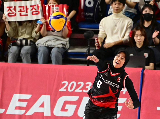 Megawati Hangestri Pertiwi saat membela tim voli Korea Selatan, Daejeon JungKwanJang Red Sparks. Foto: KOVO