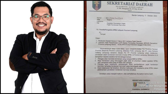 Pengamat Hukum UBL, Rifandy Ritonga dan surat kebijakan soal tagih pajak lewat speaker SPBU. | Foto: Ist