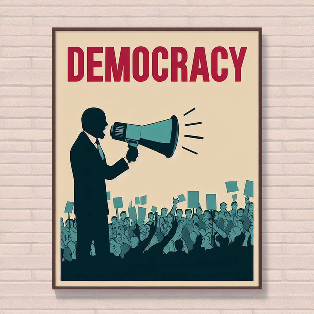 sumber gambar : website bing AI image creator. Ilustrasi seseorang yang menyampaikan aspirasinya dalam proses demokrasi, bukti adanya hak kebebasan berpendapat dalam menjalankan sistem politik