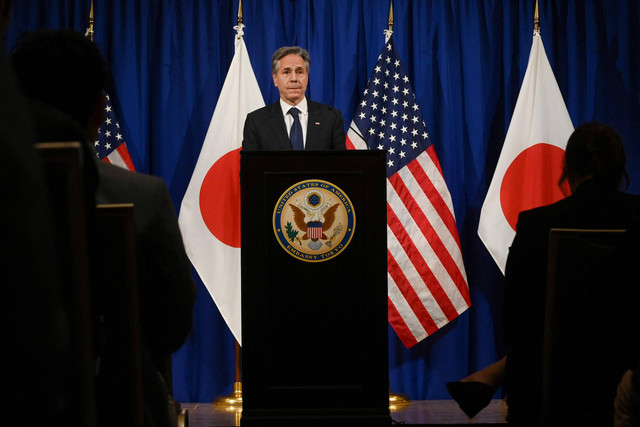 Menteri Luar Negeri AS Antony Blinken menghadiri konferensi pers di Hotel Okura di Tokyo pada 8 November 2023. Foto: Richard A.Brooks / AFP