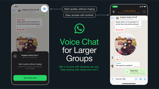 WhatsApp mengumumkan fitur baru voice chat untuk grup besar yang anggotanya lebih dari 33 hingga 128 orang. Foto: WhatsApp