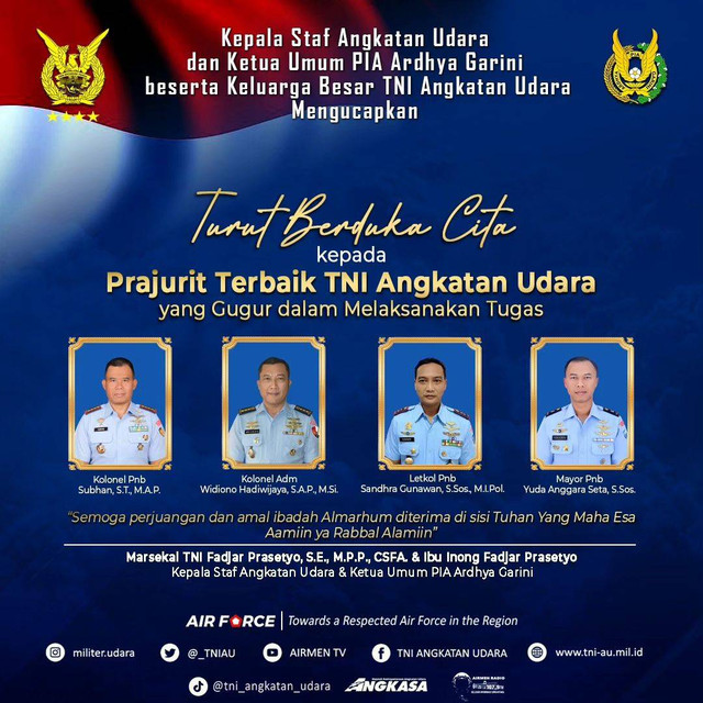 Prajurit TNI Angkatan Udara yang gugur dalam tugas, akibat jatuhnya pesawat Super Tucano di Pasuruan, Jawa Timur, Kamis (16/11/2023). Foto: Instagram/@militer.udara
