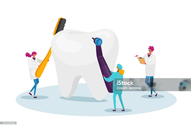 Karakter Dokter Gigi Kecil Memeriksa Gigi Besar untuk Lubang Karies di Plak. Dokter Memegang Alat Stomatologi Bor dan Sikat, Orang Kedokteran Gigi yang Bekerja untuk Perawatan Gigi Gigi. Ilustrasi Vektor Kartun