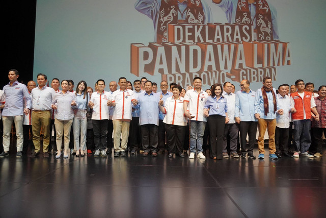 Capres nomor urut 2 Prabowo Subianto saat menghadiri deklarasi dukungan Prabowo-Gibran dari organisasi Pandawa Lima di Djakarta Theater, Jakarta, Jumat (1/12/2023). Foto: Dok. Istimewa