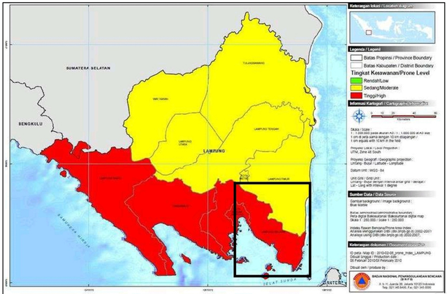 Peta rawan bencana Provinsi Lampung, kotak hitam menunjukkan daerah penelitian (BNPB,2010)