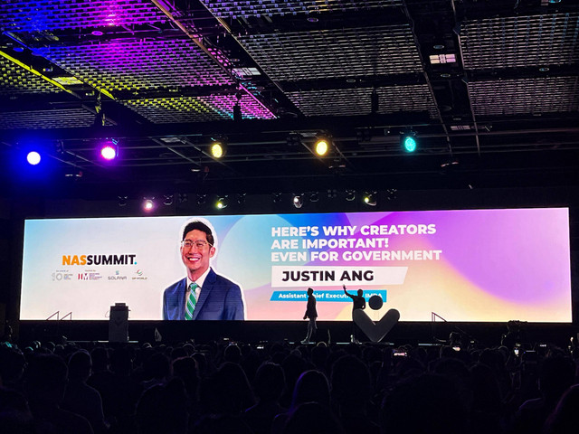 Pembukaan Nas Summit oleh IMDA Assistant Chief Executive Justin Ang di Suntec City, Singapura, Kamis (7/12). Foto: Adhie Ichsan/kumparan