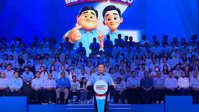 Calon presiden nomor urut 2 Prabowo Subianto memberikan sambutan saat Konsolidasi Pemenangan Prabowo - Gibran di Sentul International Convention Centre, Bogor, Minggu (10/12/2023). Foto: Youtube/Waktunya Indonesia Maju