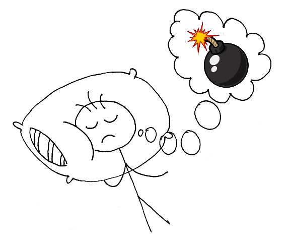 Ilustrasi seseorang yang tidurnya tidak nyenyak dikarenakan mengalami Exploding Head Syndrom (EHS) atau sindrom kepala meledak oleh Clara Gista Oriana.
