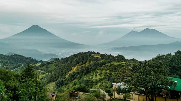 Tanaman hijau di perbukitan dan pegunungan Volcan de Fuego di cakrawala di Antigua, Guatemala, sumber: istock.com/wirestock