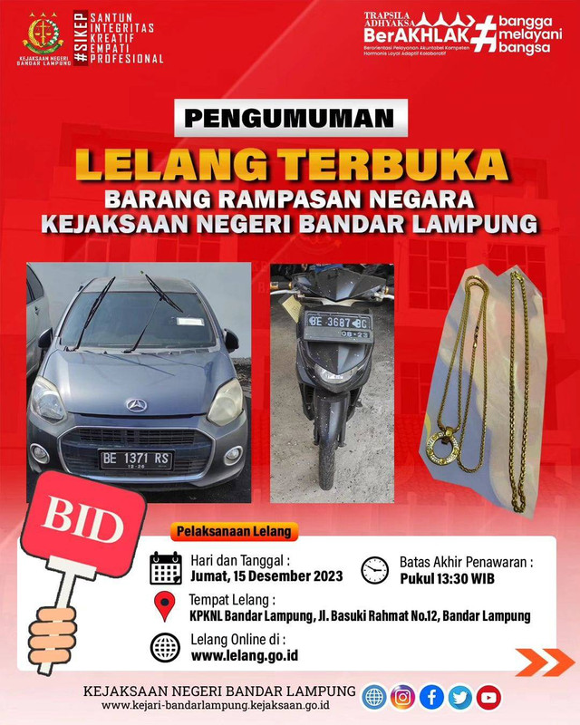 Kejari Bandar Lampung akan melakukan lelang terhadap sejumlah barang bukti yang telah memiliki kekuatan hukum tetap. | Foto : Dok. Kejari Bandar Lampung