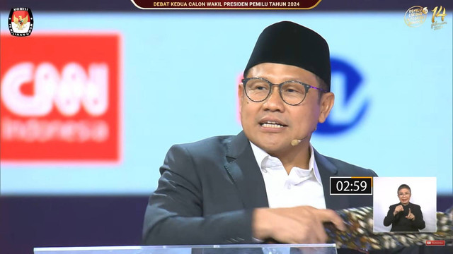 Cawapres nomor urut 01, Muhaimin Iskandar alias Cak Imin saat debat cawapres, di JCC Senayan, Jakarta, Jumat (22/12/2023). Foto: YouTube/KPU RI