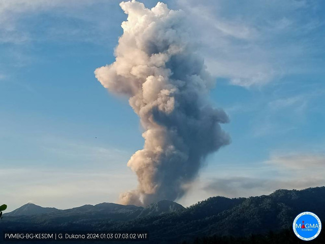 Gunung Dukono meletus, mengeluarkan abu vulkanik 4 km, Rabu (3/1/2024). Foto: Dok PVBMG/