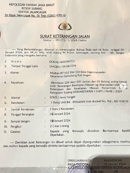 Surat jalan palsu pengangkutan 226 ekor anjing. dok IG animals hope shelter Indonesia.