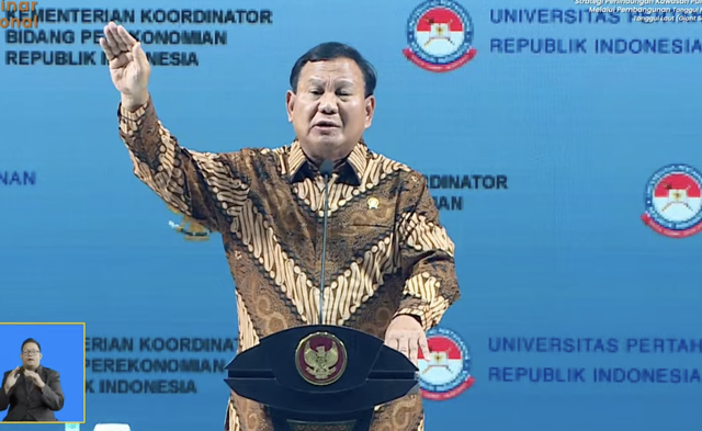 Menteri Pertahanan Prabowo Subianto di acara Seminar Nasional Giant Sea Wall, Kempinski, Jakarta, Rabu (10/1/2024). Foto: YouTube Kementerian Perekonomian